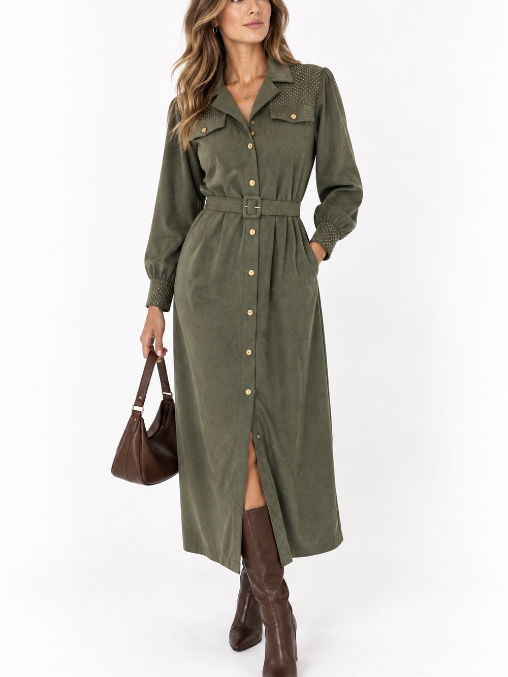 126. VTG JDB Jandabar Olive Green Long Sleeve Belted Button-Up Maxi Dress 10